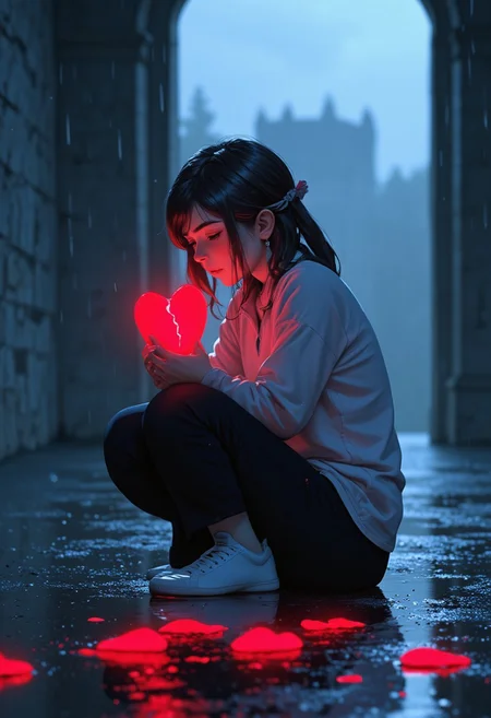 insanely detailed, masterpiece, best quality, 8k, ultra high res, High contrast and low saturation, Create an anime-style illustration of a android girl in a rain-soaked ruin, kneeling with one knee, delicately holding a red Broken Heart , and gazing at it with a forlorn expression. The girl, with endearing features and a less sleek appearance, exudes a sense of melancholy. Capture the atmosphere of desolation intensified by the rain, while the broken heart  symbolizes sadness and melancholy, adding a touch of warmth and approachability to the character.