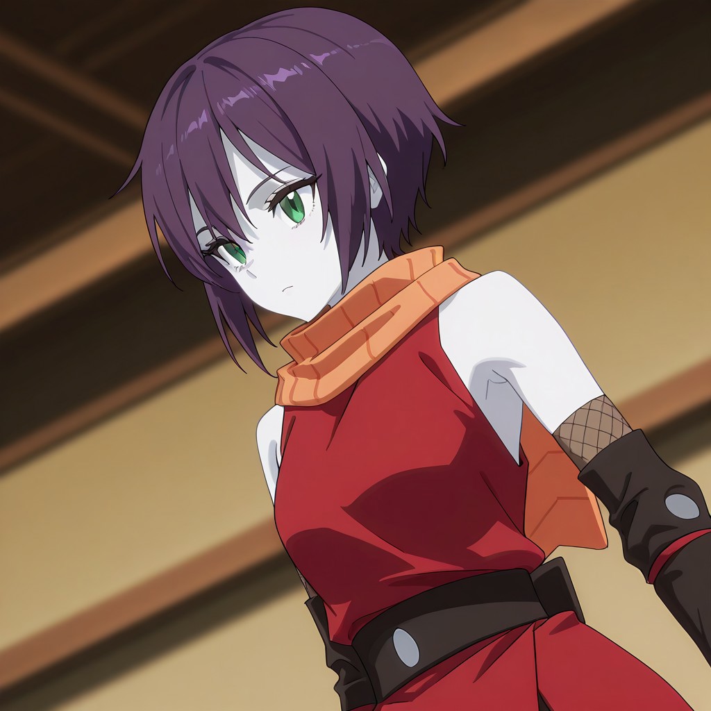 (best_quality, detailed, masterpiece, very_aesthetic, absurdres), general, m.q \(mqkyrie\), (zuharu:0.5)
BREAK
1girl, small breasts, white skin, upper_body, adult, dynamic angle, blurry background
BREAK
souka_cnr, armpit,short hair, green eyes, purple hair,bare shoulders, ninja, red japanese clothes,elbow gloves, boots, orange scarf