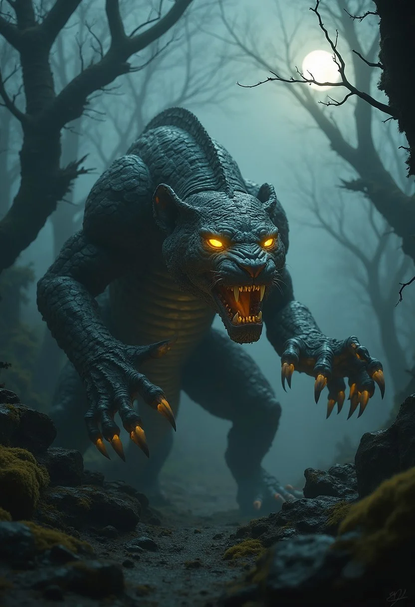 A professional photo uhd 8k of a menacing, otherworldly creature that is a hybrid of a serpent and a jaguar, with a reptilian body, jaguar-like claws, and piercing eyes. Its monochrome skin is covered in intricate scales, with only the eyes and patches of skin glowing bright yellow, casting an eerie luminescence. The creature is set against the backdrop of a dark, misty forest. The trees are gnarled and twisted, with branches reaching up like skeletal fingers, shrouded in fog. The ground is uneven, with patches of glowing moss and jagged rocks. A soft, dim light from an obscured moon barely penetrates the thick clouds above, while the yellow glow from the creature reflects off the fog, making the scene feel both haunting and surreal,professional photo with professional lighting and detailed ,RPG Style