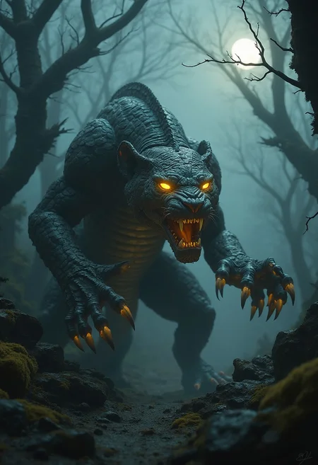 A professional photo uhd 8k of a menacing, otherworldly creature that is a hybrid of a serpent and a jaguar, with a reptilian body, jaguar-like claws, and piercing eyes. Its monochrome skin is covered in intricate scales, with only the eyes and patches of skin glowing bright yellow, casting an eerie luminescence. The creature is set against the backdrop of a dark, misty forest. The trees are gnarled and twisted, with branches reaching up like skeletal fingers, shrouded in fog. The ground is uneven, with patches of glowing moss and jagged rocks. A soft, dim light from an obscured moon barely penetrates the thick clouds above, while the yellow glow from the creature reflects off the fog, making the scene feel both haunting and surreal,professional photo with professional lighting and detailed ,RPG Style