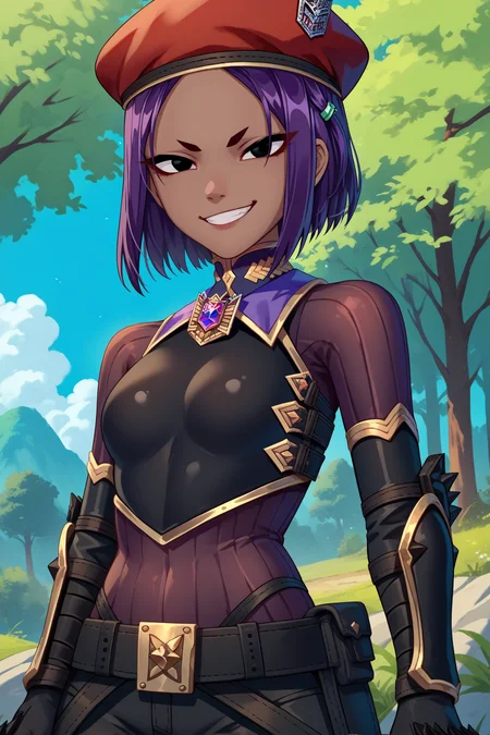 score_9, score_8_up, score_7_up, score_6_up, source_anime, 1girl, solo,  <lora:vc4chiara-pdxl-nvwls-v1-000006:1> vc4chiara, purple hair, short hair, dark-skinned female, black eyes, red beret, black bodysuit, armor, black gloves, fingerless gloves, belt, black pants, blue sky, forest, upper body, looking at you, smirk