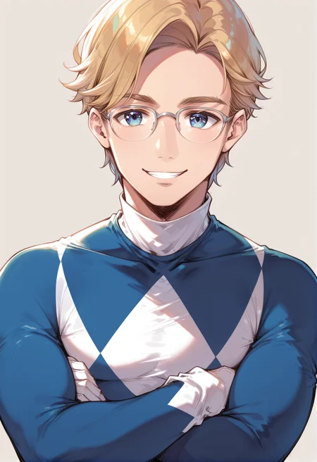 (score_9:0.9),score_8_up,score_7_up,rating_safe,anime style,(zPDXL),<lora:Blue Power Ranger ponyXL v2.1:0.73>,1boy, blonde hair, smile, blue eyes, glasses, billy cranston, grey background, solo, white gloves, looking at viewer, simple background, upper body, blue bodysuit, short hair, blue power ranger, crossed arms,
