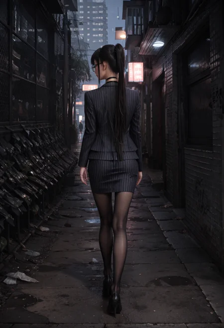 ,ruanyi0860,dark,alley,1girl,solo,
,ruanyi0856,striped jacket,choker,black pantyhose,striped skirt,glasses,black skirt,pinstripe pattern,
from behind,walking,full body,pov,ass focus,<lora:0860 late night alley_v1_pony:0.8>,<lora:0856 OL professional suit skirt 1_v1_pony:0.7>, score_9,score_8_up,score_7_up,,8k,1girl,solo,,