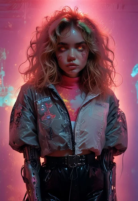 score_7_up, (score_9:1.1), (ugly:0.9),(pretty:1.4),1woman, adult, realistic, realism, hyper realistic, sparkling hair, floaty hair, wavy hair, (soft light coloured hair:1.3), (red iris, glowing iris, neon white pupils:1.3), looking at viewer, big hair, huge afro, zero gravity hair, detailed, perfect, perfection, hands, big scar across face,
BREAK,
((extra_puffy_jacket, black skirt, glossy lips, shiny skin)), full lips, hands behind back, (upper body:1.9), blocky shape cybernetics, cybernetics, cybernetic skin, raised eyebrow, pale skin, ((snub nose:1.4)), breasts, (prominent abs:1.1), focus upper body, sweating,
BREAK,
(neon background, future slums, neon, cybernetic background, mist:1.3),(cybernetic mechanical arm, prosthesis:1.3),
