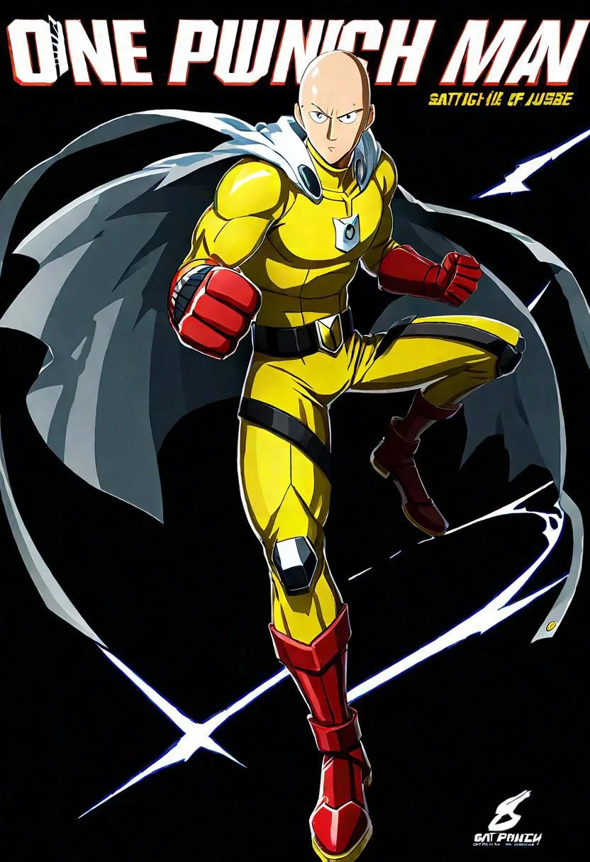 ncrender of saitama from one punch man as a hero of justice who can defeat any enemy in a single punch,simple background,black background