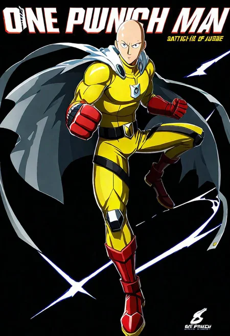 ncrender of saitama from one punch man as a hero of justice who can defeat any enemy in a single punch,simple background,black background