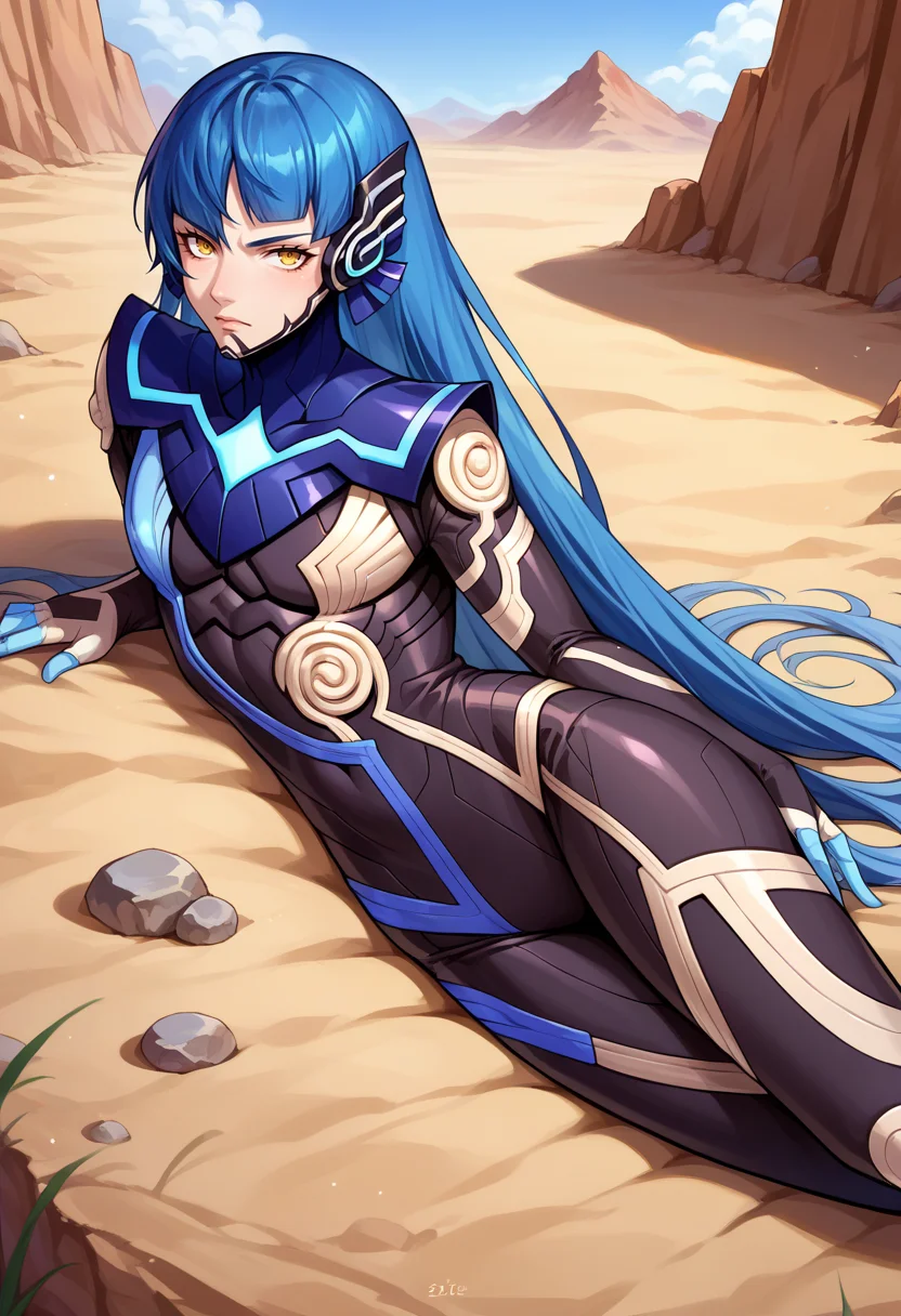 score_9, score_8_up, score_7_up, source_anime BREAK solo, 1boy, <lora:SmtV-Protag-pdxl_Fp-000008:1>, nahobino, long hair, blue hair, yellow eyes, bodysuit, armor, looking at viewer, lying, desert,