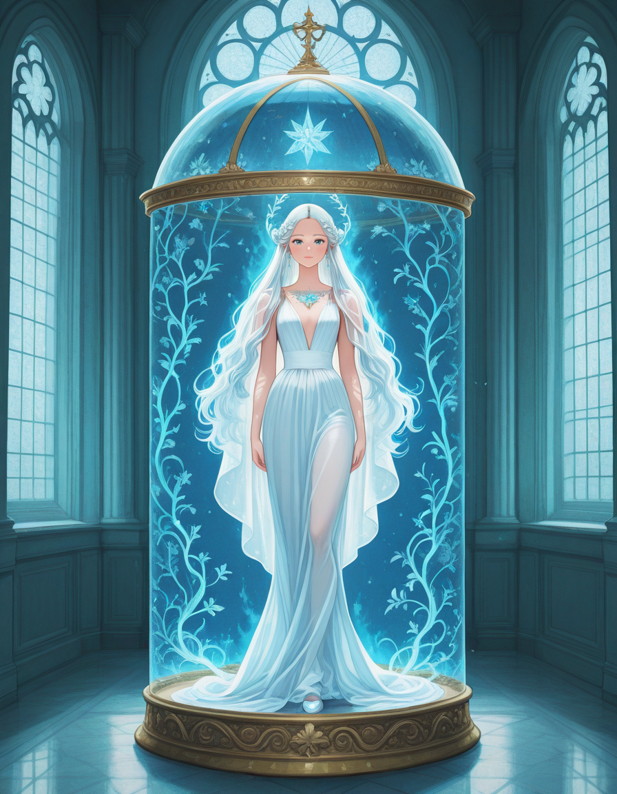 <lora:Sebi_style:0.25>, sebi style, sibylline art, colorful illustration, vintage aesthetic, ornate design, <lora:Katsura Masakazu:0.25>, Katsura Masakazu, <lora:hrn_yc:0.25>, hr2_yc_illu, <lora:PhantomILL:0.25>, ph4n, 
(masterpiece, best quality, ultra-detailed, absurdres, newest, detailed textures:1), correct anatomy, 
fantasy, ethereal, beautiful woman, long flowing white hair, glowing blue aura, wearing a sheer pink and white dress, standing in a glass dome, intricate gold frame, ornate design, inside a grand hall with tall windows, soft light filtering through, elegant, mystical, otherworldly, detailed, fantasy setting, ethereal glow, delicate fabric, soft textures, dreamy atmosphere, magical, surreal, high detail, intricate craftsmanship, beautiful, serene, captivating, enchanting