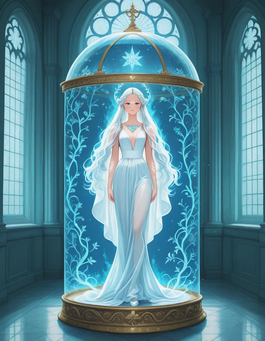 <lora:Sebi_style:0.25>, sebi style, sibylline art, colorful illustration, vintage aesthetic, ornate design, <lora:Katsura Masakazu:0.25>, Katsura Masakazu, <lora:hrn_yc:0.25>, hr2_yc_illu, <lora:PhantomILL:0.25>, ph4n,
(masterpiece, best quality, ultra-detailed, absurdres, newest, detailed textures:1), correct anatomy,
fantasy, ethereal, beautiful woman, long flowing white hair, glowing blue aura, wearing a sheer pink and white dress, standing in a glass dome, intricate gold frame, ornate design, inside a grand hall with tall windows, soft light filtering through, elegant, mystical, otherworldly, detailed, fantasy setting, ethereal glow, delicate fabric, soft textures, dreamy atmosphere, magical, surreal, high detail, intricate craftsmanship, beautiful, serene, captivating, enchanting