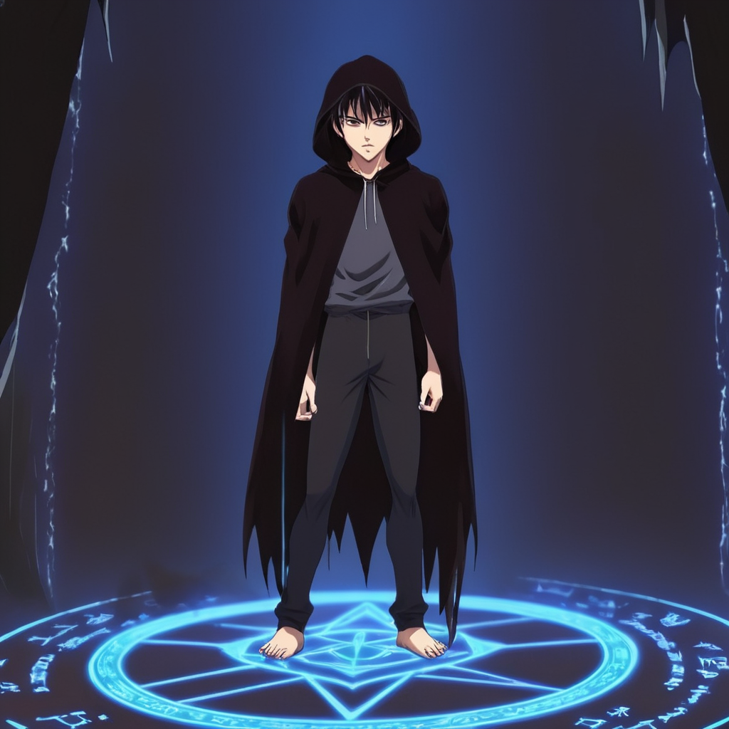 anime artwork of  <lora:Bible Black style:1>
Demon a hologram of a demonic creature is rising from ground, solo,black hair,1boy,male focus,hood,cloak , eroge,anime,manga,nsfw,cartoon,Adult animation,explicit,Original video animation, Baiburu Burakku style, Bible Black style, anime style, key visual, vibrant, studio anime,  highly detailed