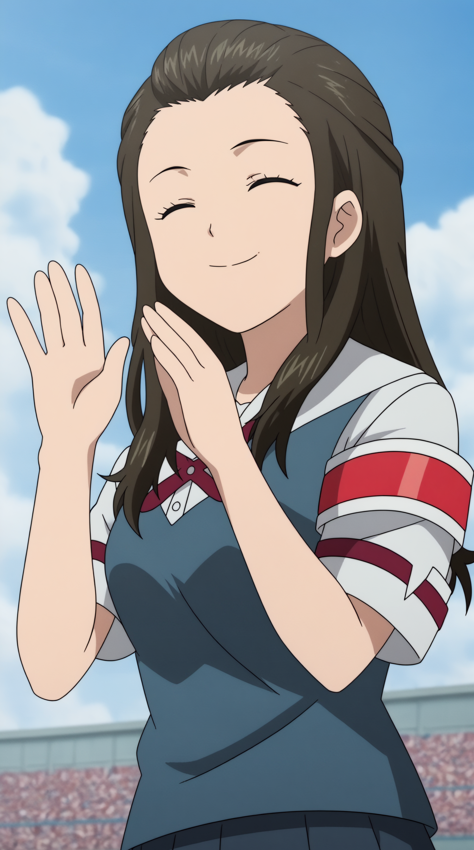 score_9, score_8_up, score_7_up,anime_source, source_anime, best background, detailed background, anime screencap, 4k, upscale,  unyuu mimori, solo, smile, school uniform, closed eyes, sky, day, cloud, armband, waving  <lora:JN_Unyuu_Mimori_Pony:0.8>