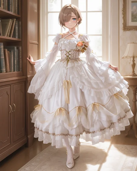 Positive: Masterpiece, best quality, amazing quality, very aesthetic, high resolution, ultra-detailed, absurdres,
1girl, solo, 
brown hair,short hair,blue eyes,
hair over one eye,
white off-shoulder lace ruffled dress,
white dress,white off-shoulder,lace,frills,
criss-cross halter,
corsage,jewelry,
long sleeves,detached sleeves,
white pumps,white lace pantyhose,
standing,Sunlight, windows, bookcase, 