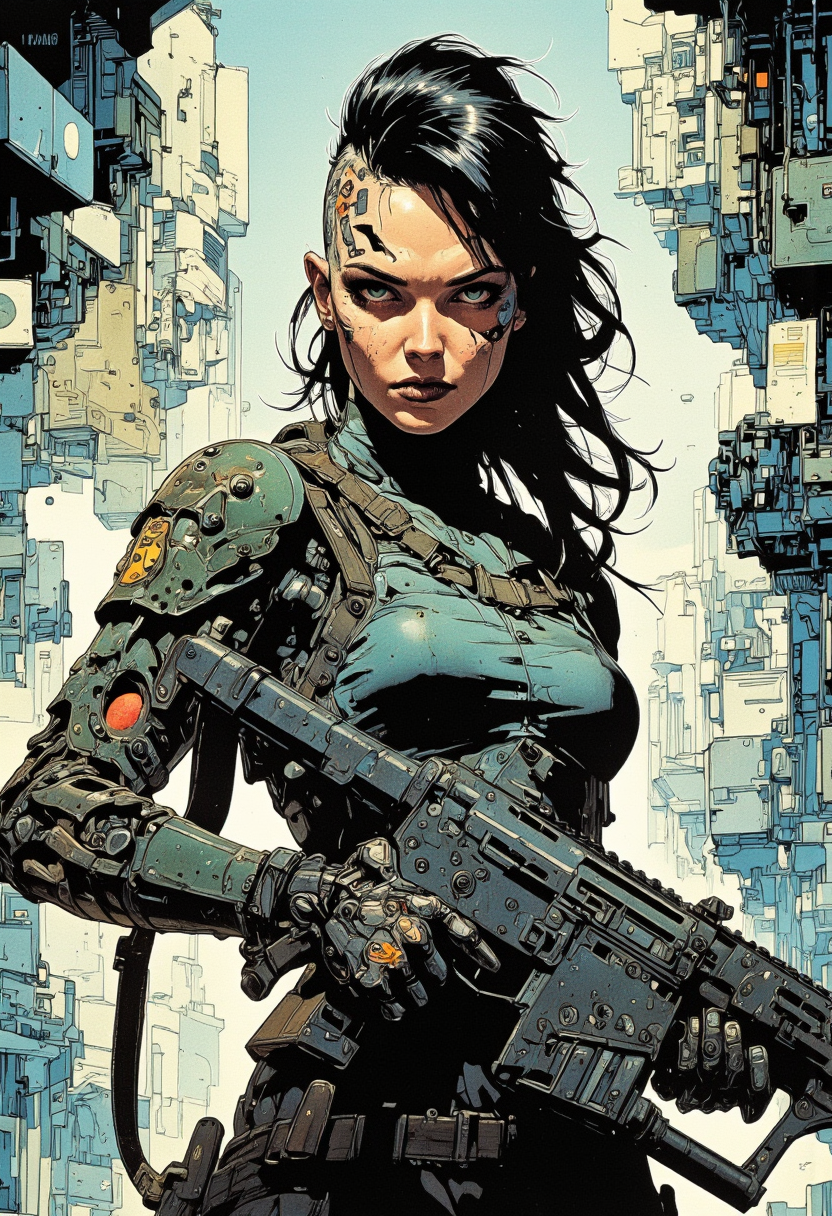 Comic book style of cybernetic female, holding tactical assault rifle, tattoo, full body, porcelain face, intricate details, 2d, detailed action background, an android young woman with black fauxhawk haircut in a mind-reading device creates controversy, science fiction western, a virtual reality game with real-life consequences, a cyberpunk cartoon, The art style is sleek and polished, with clean, precise lines that contrast with the gritty world it portrays, it has a semi-realistic style, Each detail is sharp, from the smooth, reflective surfaces of cybernetic limbs to the crisp outlines. The overall look is refined, capturing a high-tech elegance amidst the dystopian backdrop, where every elementâfrom intricate machinery to flowing organic formsâis meticulously rendered with a sense of precision and understated sophistication. great care is taken to depict the young woman to have anatomically correct arms and hands,