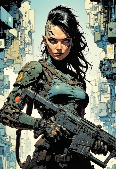 Comic book style of cybernetic female, holding tactical assault rifle, tattoo, full body, porcelain face, intricate details, 2d, detailed action background, an android young woman with black fauxhawk haircut in a mind-reading device creates controversy, science fiction western, a virtual reality game with real-life consequences, a cyberpunk cartoon, The art style is sleek and polished, with clean, precise lines that contrast with the gritty world it portrays, it has a semi-realistic style, Each detail is sharp, from the smooth, reflective surfaces of cybernetic limbs to the crisp outlines. The overall look is refined, capturing a high-tech elegance amidst the dystopian backdrop, where every elementâfrom intricate machinery to flowing organic formsâis meticulously rendered with a sense of precision and understated sophistication. great care is taken to depict the young woman to have anatomically correct arms and hands,