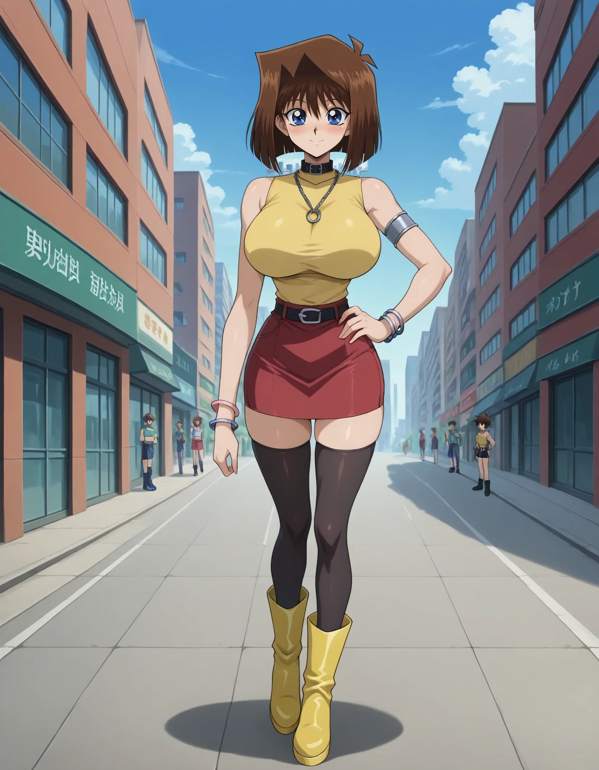 amazing quality,very aesthetic,absurdres,best quality,newest,masterpiece,<lora:Anzu_MazakiNoobXAI:0.7>,brown hair,short hair,blue eyes,athletic sexy body,slim waist,huge breasts,anzumazakispe,yellow turtleneck shirt with black collar,sleeveless,red skirt,black belt,metal circle necklace,black thigh-high,black stockings,outdoors,city,sky,blush,smile,bracelets,metal arm band,one hand on hip,full body,yu-gi-oh! duel monsters,Takahashi Kazuki style,colorful,yellow ugg boots,