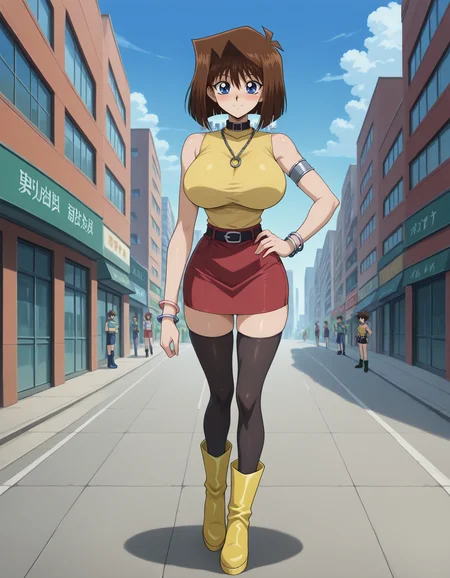 amazing quality,very aesthetic,absurdres,best quality,newest,masterpiece,<lora:Anzu_MazakiNoobXAI:0.7>,brown hair,short hair,blue eyes,athletic sexy body,slim waist,huge breasts,anzumazakispe,yellow turtleneck shirt with black collar,sleeveless,red skirt,black belt,metal circle necklace,black thigh-high,black stockings,outdoors,city,sky,blush,smile,bracelets,metal arm band,one hand on hip,full body,yu-gi-oh! duel monsters,Takahashi Kazuki style,colorful,yellow ugg boots,