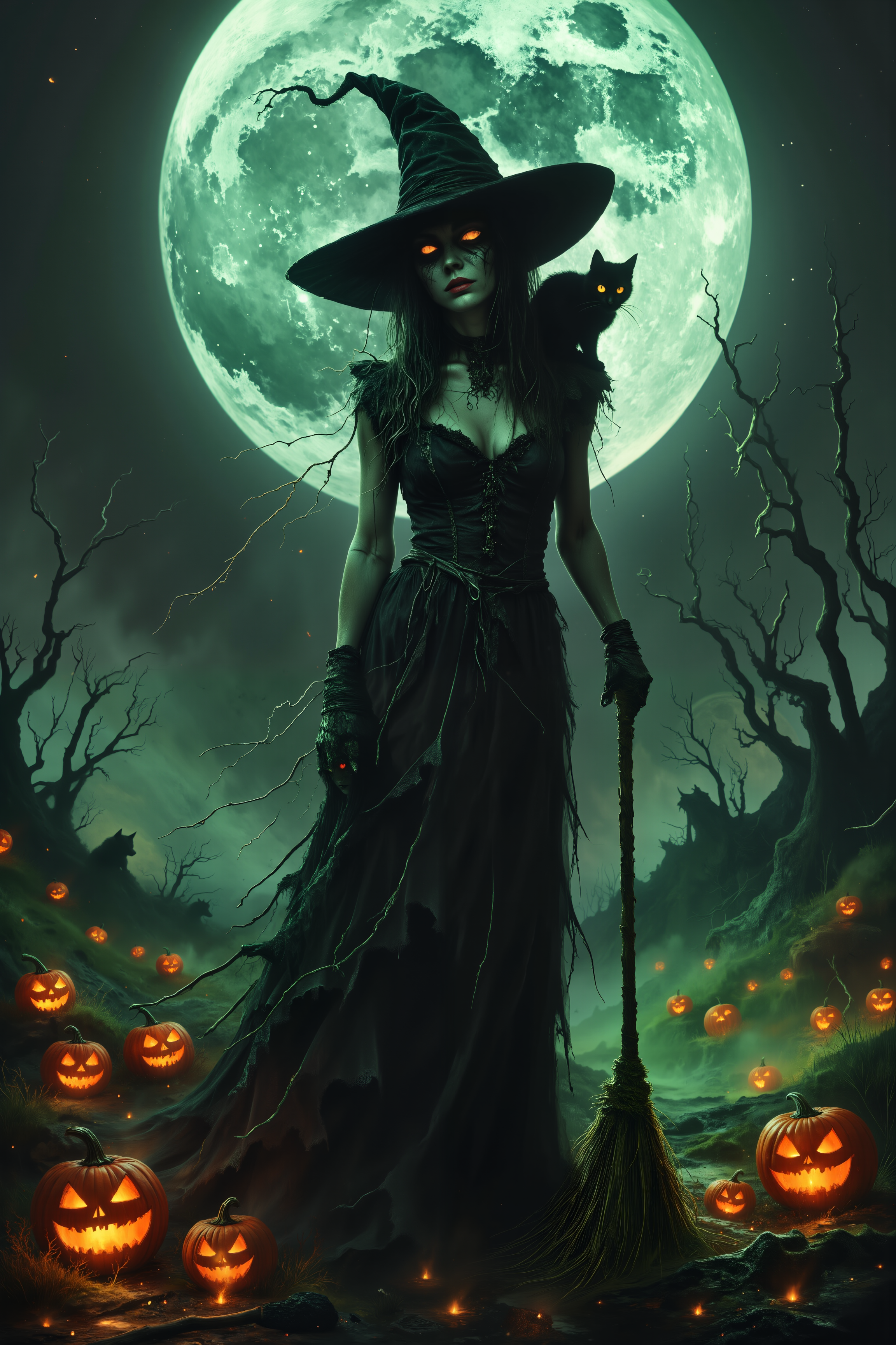 A hyper-realistic portrait, photorealistic photo close-up image of On a windswept hilltop under the light of a full, blood-red moon, a tall, slender witch with emerald green skin stands with her broomstick, her wide-brimmed hat casting a long shadow across the misty ground. She wears a sleek black dress that clings to her form, tattered at the edges, with strands of silver spiderwebs woven into the fabric. Her hair, wild and tangled, flows down her back like dark ivy, and her glowing orange eyes twinkle mischievously. Surrounding her, jack-oâ-lanterns of all sizes flicker with sinister smiles, their carved faces illuminated by eerie green flames. In the distance, twisted, bare trees sway in the wind, their branches stretching like skeletal arms toward the moon. A black cat with glowing yellow eyes perches on her shoulder, its tail curling playfully around her neck. The air smells of damp earth and the faint scent of burning candles, while the distant howl of wolves echoes across the night. The scene captures the perfect balance of spooky and enchanting, a witch at ease in her eerie domain.(photography, high-resolution, dynamic, energetic,hyper-realistic, dramatic lighting, shallow depth of field.), <lora:Dever_Flux_Enhancer:0.5><lora:Witchcore>