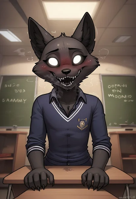 ((by Zaush:1.0,by meesh:1.0))score_9, score_8_up, score_7_up, score_6_up, score_5_up, score_4_up,
best quality, highly detailed, intricate details, extremely detailed, perfect hands, (furry art, uploaded on e621:1.1), <lora:artfull details xl 1:1.2>, <lora:add detail xl:3>, <lora:extremely detailed xl:5>, <lora:x-detail enhancer xl:2>, <lora:perfect hands 2.1:1>, <lora:zaush style ponyD6:1>, (furry female fox, very tall, female,school classroom,flickering light), (fog:1.1),black body,black fur, wide hips, narrow waist, tail, sharp teeth, (empty eyes:1.2), (multiple eyes:1.2), school classroom,flickering light, blush, open mouth,crazy smile,evil grin,nightmare fuel,ominous, creepy, horror \(theme\),mouth, saliva, drooling, heavy breathing, 5 fingers, claws, maw, mane, fluffy, ominous, creepy, horror \(theme\), (solo:1.1), mouth, saliva, drooling, heavy breathing, (male, male clothed, pov),darkness, darkness body, inside shadows, on darkness,