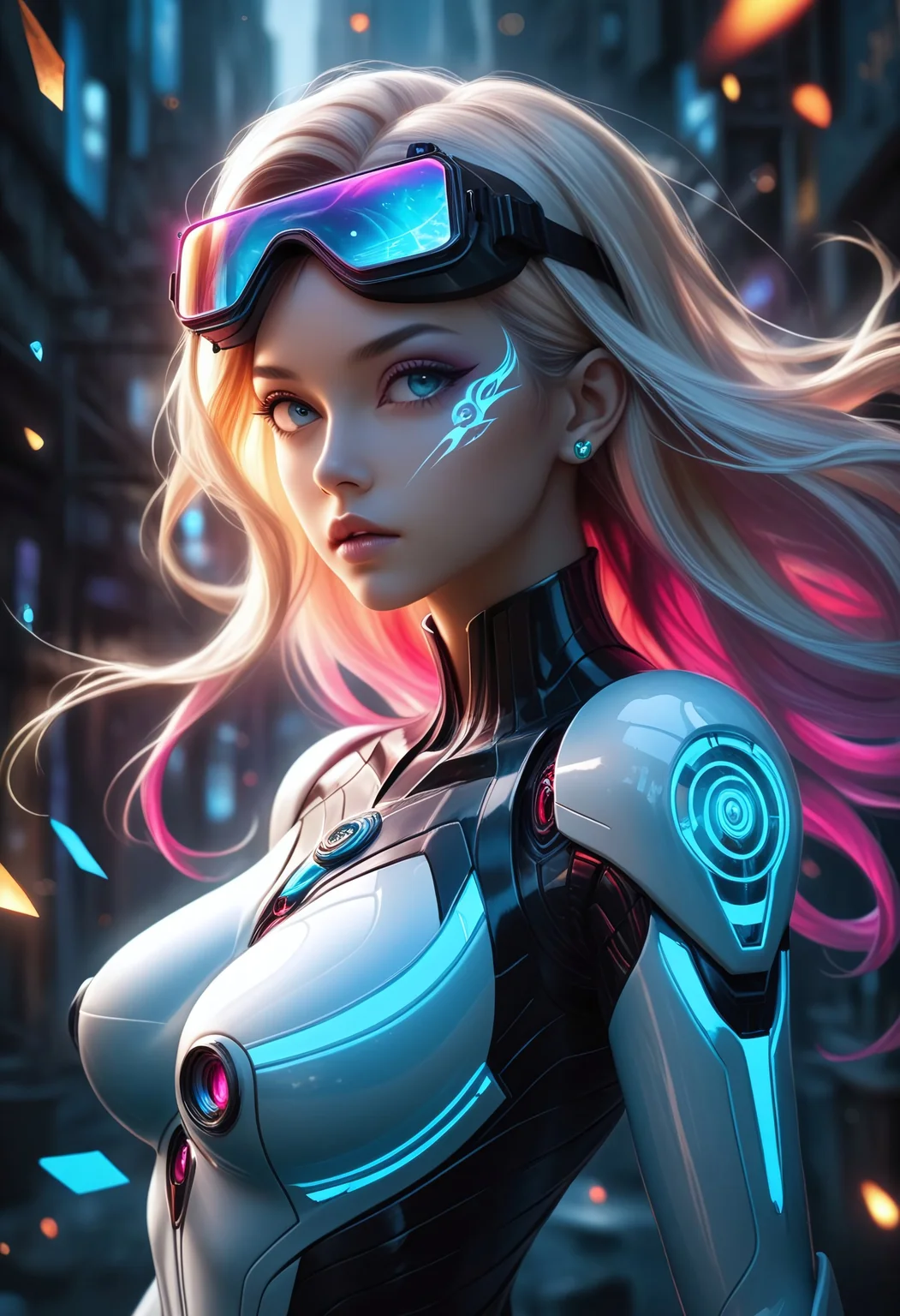 safe_pos, Realistic photography, High resolution CG unity wallpaper 8k, tA breathtaking Japanese female cyberpunk time traveler materializes from the abyss, her form emerging like a phantom of the neon-drenched future. Long platinum hair, streaked with fiery red and golden blonde, cascades over her shoulders, framing a face both seductive and enigmatic. Her piercing gaze locks onto the viewer through sleek neon goggles, the soft glow reflecting against her flawless skin. Clad in a skin-tight, translucent bodysuit that shimmers with the hues of an alternate dimension, she raises a sleek photon laser gun with deadly precision. The world around her fractures—glass shards of magenta and cyan neon swirl in a dreamlike dance, suspended in a soft bokeh haze, amplifying the cool tones of her futuristic design. One side of her face is kissed by light, casting deep, dramatic shadows that enhance her sultry, otherworldly allure. The void trembles in her presence—a specter of time, desire, and power