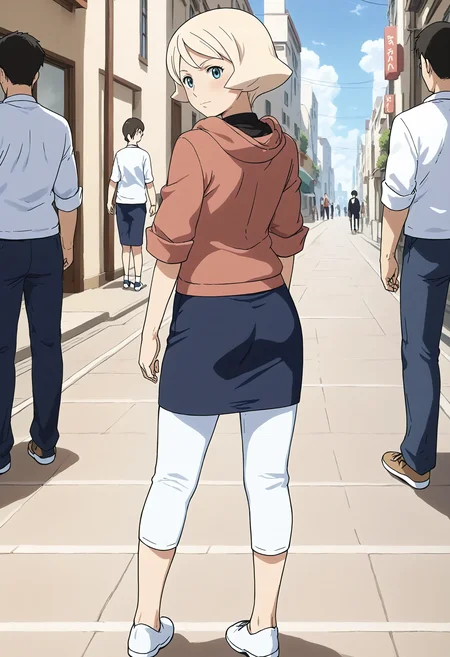 <lora:Hyper-SDXL-8steps-lora:1> <lora:Fixhands_anime_bdsqlsz_V1:1> zPDXL2, score_9, score_8_up, score_7_up, source_anime, intricate details, perfect anatomy BREAK
outdoors, city, tokyo, japan, audience, crowd, standing, arched back, arms behind back, looking at viewer, form side ,  head tilt, Guilty, Downcast eyes, slumped shoulders, and a slightly ashamed expression., 1girl, solo, solo focus, 
<lora:GAGE-AG140emily_asuno_XL(pony)v10:1> GAGE-AG140emily, blonde hair, short hair, blue eyes, GAGE-AG140emily outfit, black shirt under red hoodie, white pants under skirt, black pencil skirt, white shoes,