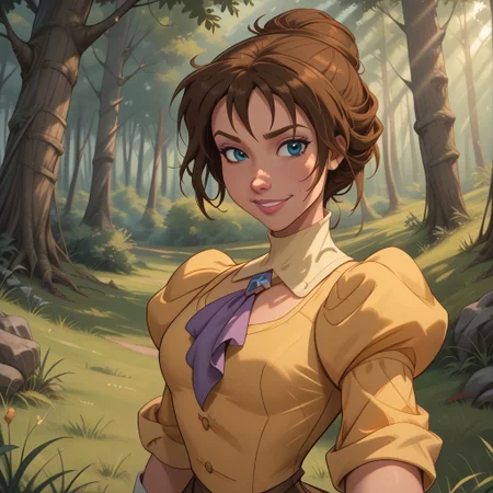 score_9, score_8, BREAK, solo, Jane Porter, 1girl, brown hair, blue eyes, short hair, single hair bun, yellow victorian style dress, puffy sleeves, white gloves, purple cravat, makeup, pink lips, sexy pose, self portrait, smile, outdoors, sunlight, shadows, evening lighting, natural lighting, forest, trees, grass, orange sky, sunset