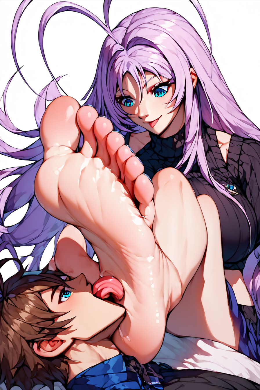 core_9, score_8_up, score_7_up, score_6_up, score_5_up, score_4_up,  <lora:natsumemaya-pdxl-nvwls-v1:0.8>, natsumemaya, blue eyes, lavender hair, antenna hair, very long hair, large breasts, sleeveless turtleneck, black sweater, midriff, <lora:foot_worship:1>, 1girl, 1boy, feet, barefoot, toes, toenails, legs, licking foot, foot worship, femdom, giant feet, looking down, masterpiece, highres, highly detailed face, highly detailed shining eyes, symmetrical highly detailed eyes, simple background, white background