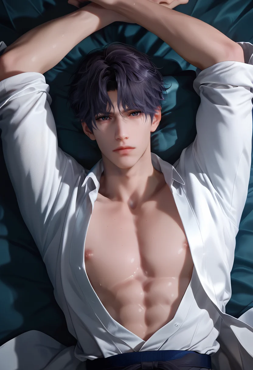 score_9,score_8_up,score_7_up,1boy,solo,yaoi,bara,male focus,fairly nsfw,uncersored,highres,best quality,amazing quality,best aesthetic,absurdres,<lora:add-detail-xl:1>,<lora:Rafayel:0.5>,rafayel,bangs,lips,<lora:Expressive_H:1>,Expressiveh,closed mouth, open clothes, lying,on bed, japanese clothes,looking at viewer, arms up,