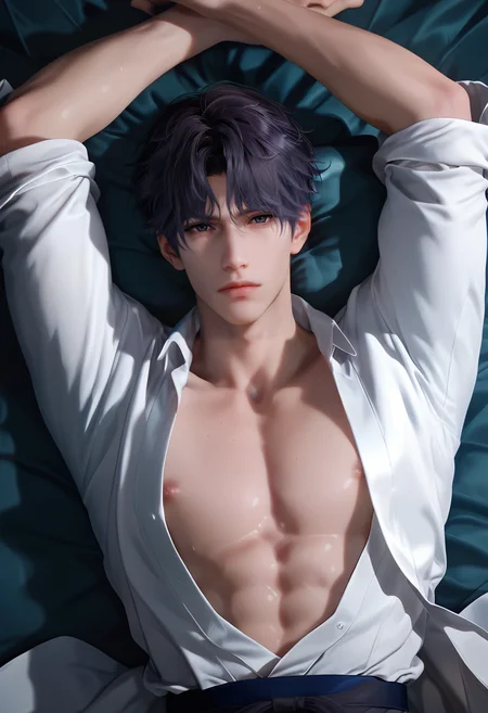 score_9,score_8_up,score_7_up,1boy,solo,yaoi,bara,male focus,fairly nsfw,uncersored,highres,best quality,amazing quality,best aesthetic,absurdres,<lora:add-detail-xl:1>,<lora:Rafayel:0.5>,rafayel,bangs,lips,<lora:Expressive_H:1>,Expressiveh,closed mouth, open clothes, lying,on bed, japanese clothes,looking at viewer, arms up,