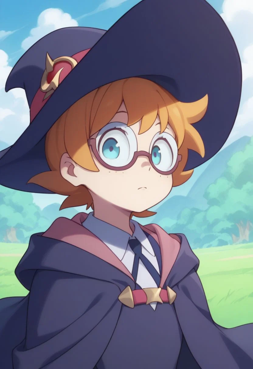 score_9, score_8_up, source_anime, highly detailed, 1girl, solo
lotte, 1girl, solo, hat, blue eyes, witch hat, luna nova school uniform, cape, glasses, short hair, witch, orange hair, freckles, upper body, standing,
