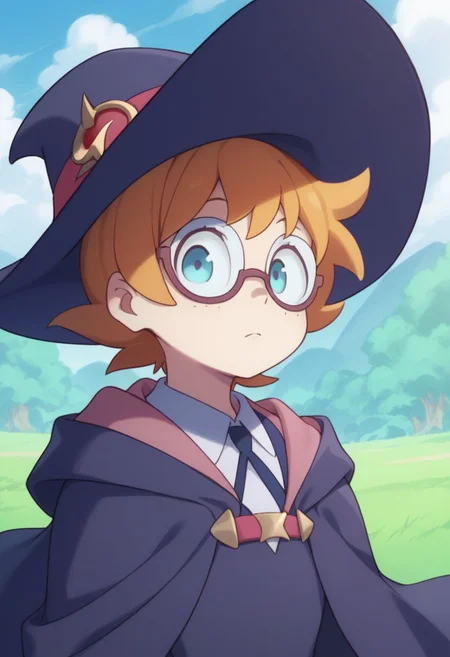 score_9, score_8_up, source_anime, highly detailed, 1girl, solo
lotte, 1girl, solo, hat, blue eyes, witch hat, luna nova school uniform, cape, glasses, short hair, witch, orange hair, freckles, upper body, standing,