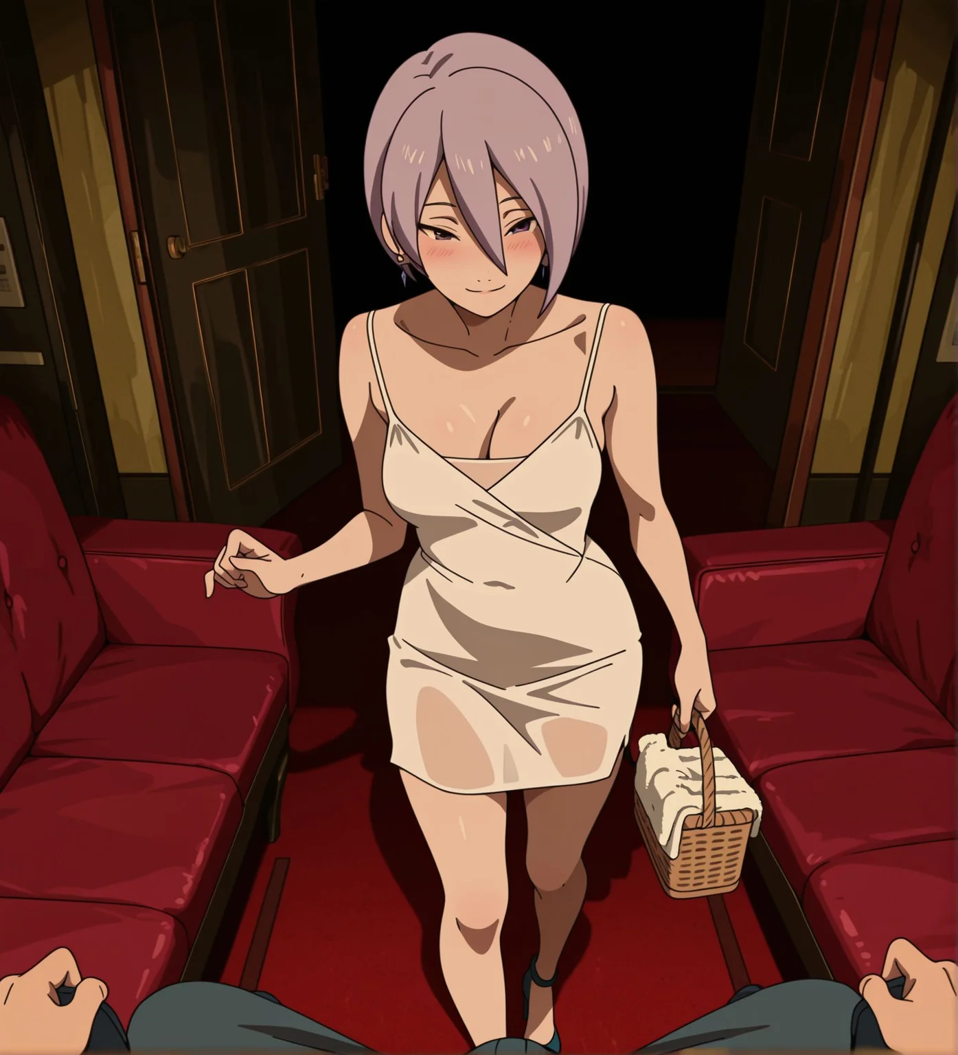 masterpiece,best quality,amazing quality,very aesthetic,absurdres,newest,huge filesize,
<lora:spo_sdxl_10ep_4k-data_lora_webui:0.5>,
<lora:add-detail-xl:1> anime coloring,
uncensored,
<lora:Blowjob_Bar:0.5>Blowjob Bar,
1girl,1boy, hetero,
breasts,standing ,
cleavage,bag, front view,
blush,standing,cleavage, walking,
Sexy dress,holding basket ,
basket with lubricants and towels,
Amenity goods basket,
lubricants,towels, seductive smile, high heels,
sofa,small room, miniskirt, see-through clothes, open doors,
dark, spotlight, desk, pov, bulge,
view of sitting male,
BREAK
<lora:Benten:1>
Benten, purple hair, short hair, hair between eyes, purple eyes,earrings,