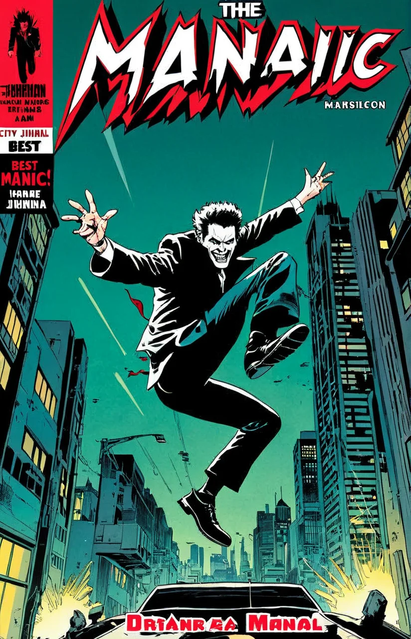 a comic cover of a deranged man jumping into action, text "The Maniac", outline, best quality, masterpiece, cbcmkrsdxl, comics logo, <lora:cbcmkrsdxl:0.9>, city,