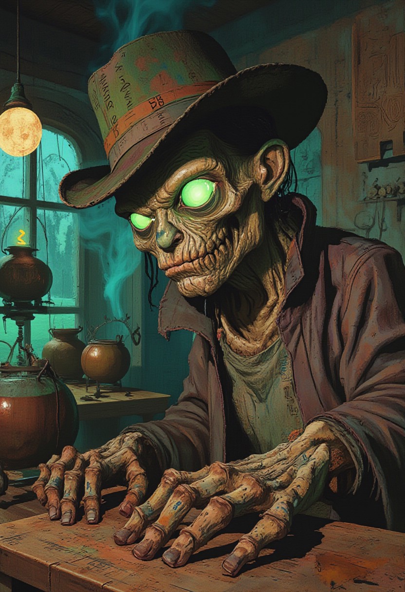 comic art by Mike Allred, 
A close-up of The Stitcher, the grotesque creature made of stitched-together parts. His glowing green eyes peer out from beneath a wide-brimmed hat, and his body, sewn from mismatched limbs and bones, is covered in glowing runes. Behind him, his twisted workshop is filled with strange machines and bubbling cauldrons, casting eerie shadows and a neon glow., 
In the style of grainy 80s VHS dark fantasy horror, vintage Halloween, autumn harvest tones, occult mysticism, gritty animatronics, with Sean Äaberg's psychedelic grotesque flair, evoking eerie, grainy VHS footage
art by torikun, SentinelBot, OBxiaoxiang