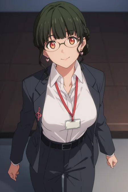 score_9, score_8_up, score_7_up, score_6_up, score_5_up, source_anime, rating_safe, medium breasts, indoors, 1girl, solo, looking at viewer, <lora:age_slider_v4:3>, anosillus the 2nd, dark green hair, short hair, low tied hair, french braid, red eyes, glasses, heart earrings, suit, grey jacket, white shirt, collared shirt, lanyard, open jacket, black belt, grey pants, white footwear, <lora:Anosillus_the_2nd:0.8>, (dynamic pose:1.2),