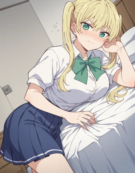 score_9, score_8_up, score_7_up, source_anime, <lora:rika-hoshizaki-s2-ponyxl-lora-nochekaiser:1>, rika hoshizaki, green eyes, blonde hair, twintails, large breasts,, skirt, shirt, bow, school uniform, white shirt, short sleeves, pleated skirt, bowtie, blue skirt,, indoors, bed, bed room, on side, blush, drunk, looking at viewer, solo,, cowboy shot, dutch angle