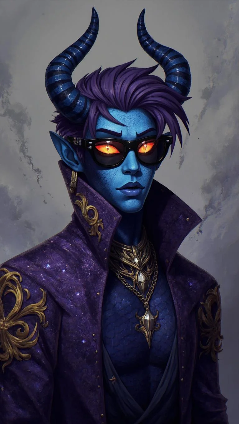 <lora:ck-LttleGhost-000011.safetensors:1> in the style of ck-lttlegh0stThe enigmatic figure stands before us, his blue-scaled skin glowing with an otherworldly essence. Glowing orange orbs serve as his eyes, surrounded by twisted horns and a tangled nest of purple hair. A shimmering purple cloak adorned with golden designs and an ornate choker encircles his neck, while oversized sunglasses cast a shadow over his face. His imposing presence is shrouded in mystery, obscuring the truth behind those infernal eyes. The muted background adds to the surreal, mystical aura surrounding this figure of myth and wonder.