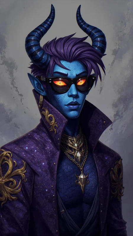 <lora:ck-LttleGhost-000011.safetensors:1> in the style of ck-lttlegh0stThe enigmatic figure stands before us, his blue-scaled skin glowing with an otherworldly essence. Glowing orange orbs serve as his eyes, surrounded by twisted horns and a tangled nest of purple hair. A shimmering purple cloak adorned with golden designs and an ornate choker encircles his neck, while oversized sunglasses cast a shadow over his face. His imposing presence is shrouded in mystery, obscuring the truth behind those infernal eyes. The muted background adds to the surreal, mystical aura surrounding this figure of myth and wonder.