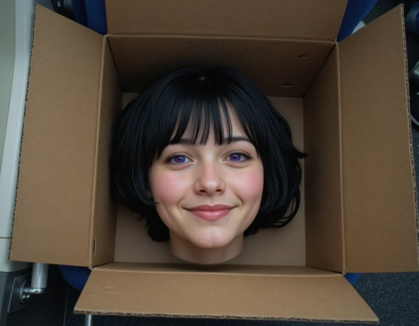 a <lora:real-lora:1> ultrarealistic view from slightly above of <lora:headonly-flux:1> h3adonly, The disembodied head of a 20 year old woman looking out from inside a cardboard box, sitting on the seat of a train. She is lying on her back and smiling at the viewer. she has short black hair and purple eyes
