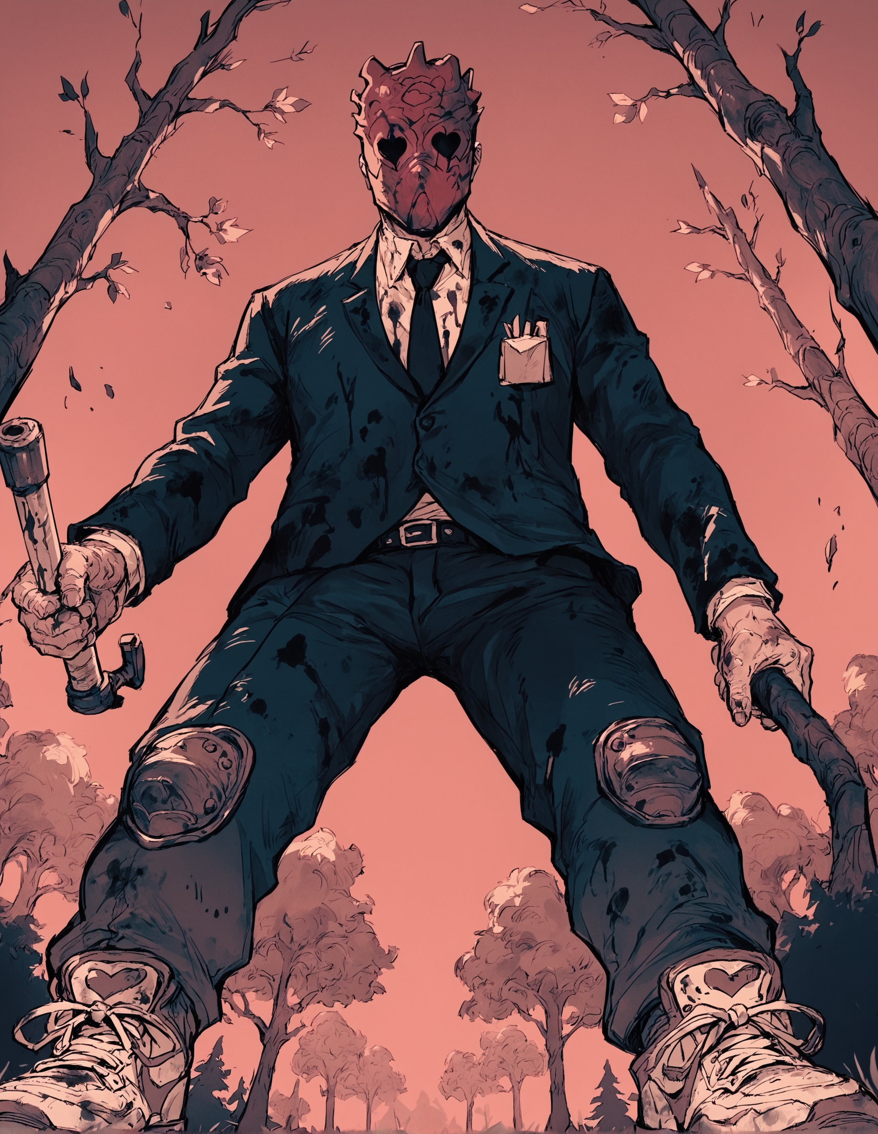 score_9, score_8_up, score_7_up,score_6_up,high resolution,qhayastyle,monochrome,greyscale,red background,shin,heart mask,1boy,suit,pants,shoes,holding hammer,forest,rim lighting,dof,solo,pov,dirty,blood,from below