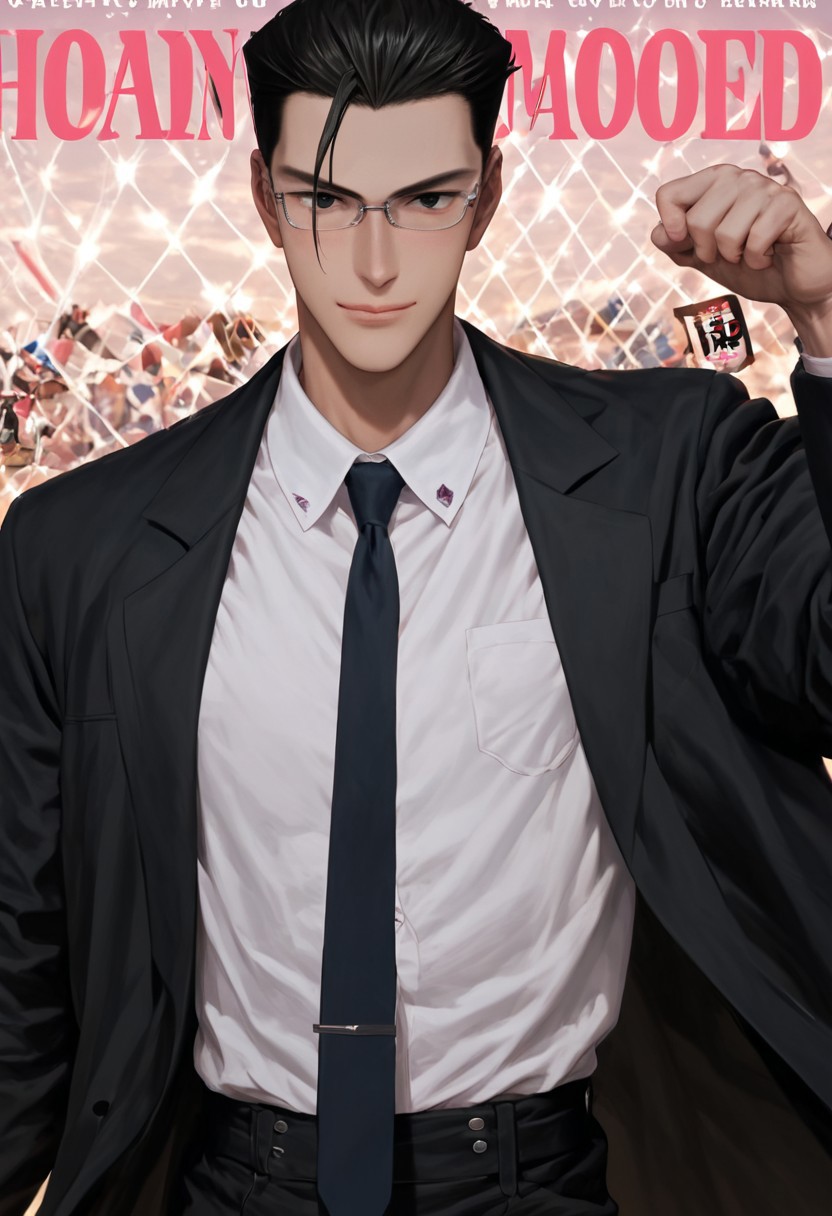 pink themed picture, pink stars, kawaii, cute photo, pastel colors, ((magazine covers)), dynamic pose, score_9, score_8_up, score_7_up, anime, 19 year old , ((1boy, solo)), male focus, slim toned male, Jinguuji, Tsukasa_Jinguuji, Black hair, One strand hair on forehead, black eyes, Pale skin, ((white shirt, tie, black coat tuxedo, black pants, long sleeved, full dressed formal)) ((white glasses)) pensive face, happy, come hither)),  muscular, athletic slim slender body, solo, cinematic color, highly detailed, best quality, best aesthetic, absurdres, strong thighs, muscular legs, dynamic angle, 2d (((looking at viewer))) (((panoramic view:1.1))) ((tall)), 
score_9,score_8_up,score_7_up, source_anime, male focus, manly, tall, detailed eyebrow, sharp eyebrows,
jock, mature, hung, socks, slender,manly, tall, focus on thigh, (dynamic pose)
