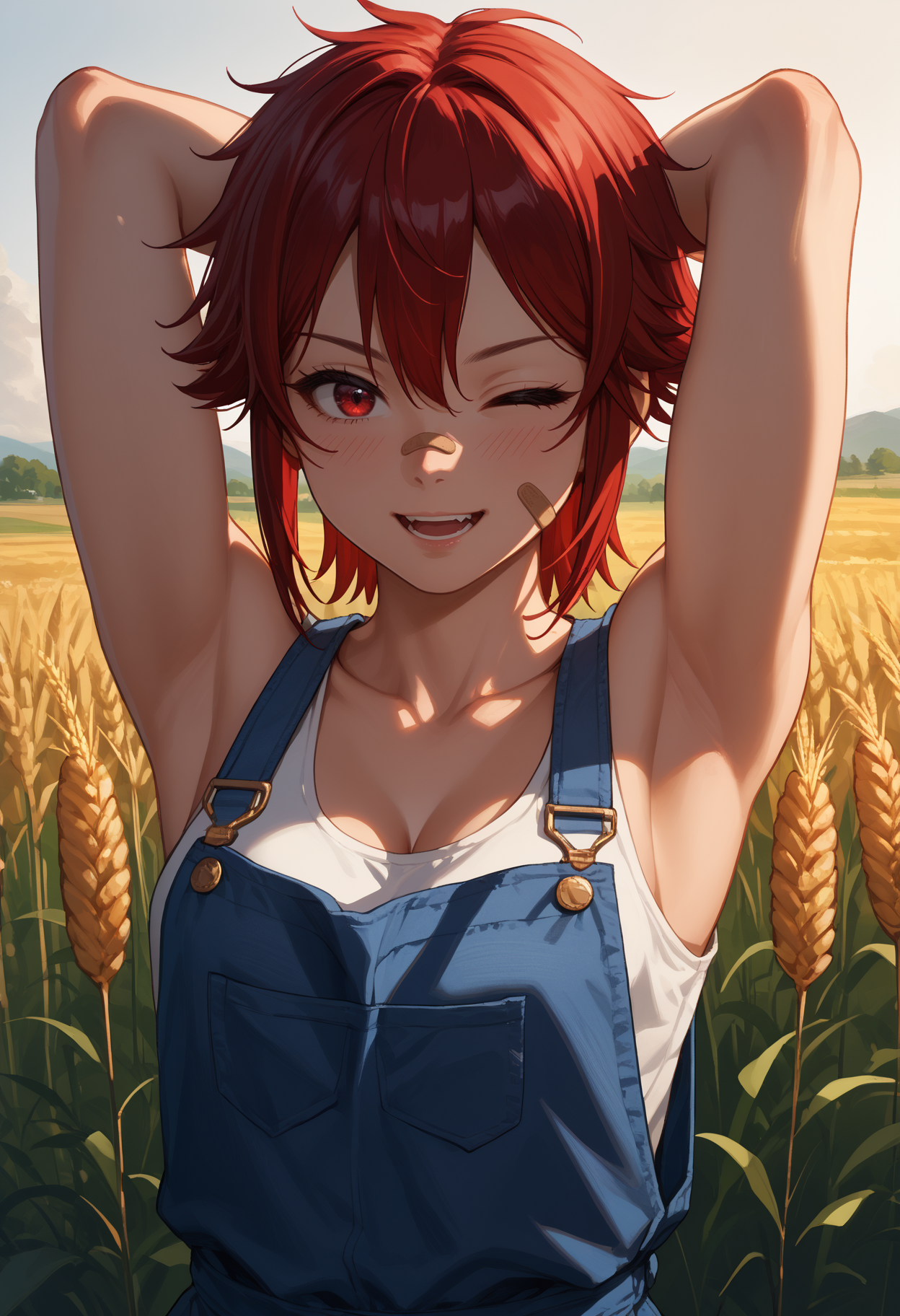 score_9, score_8_up,score_7_up, source_anime, 1girl, solo, <lora:aizwtm_pdxl_EliPot:1>, aizawatomo, red hair, short hair, red eyes, tomboy, toned, muscular female, 
one eye closed, armpits, blue overalls, bandaid on face, cleavage, looking at viewer, shadow, smile, ;d, collarbone, upper body, v, open mouth, arms behind head, arms up, blush, tank top, 
outdoors, wheat field, sunset, (zix)