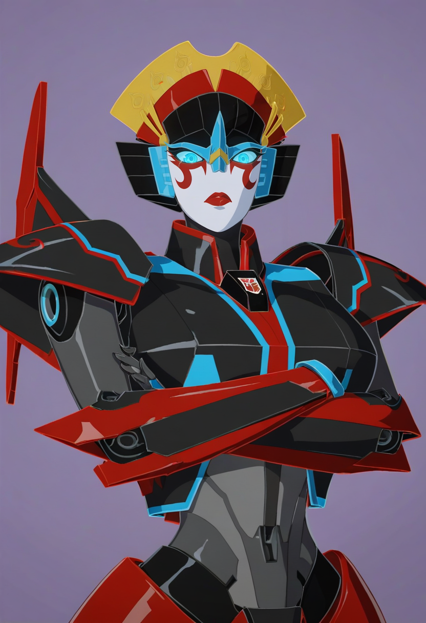 score_9, score_8_up, score_7_up, score_6_up, score_5_up, score_4_up, 1girl,  <lora:Windblade:0.8> solo, robot, mecha, red lips, blue eyes, glowing eyes, looking at viewer, upper body, angry, big breasts, from below, arms crossed, 
purple background, simple background,