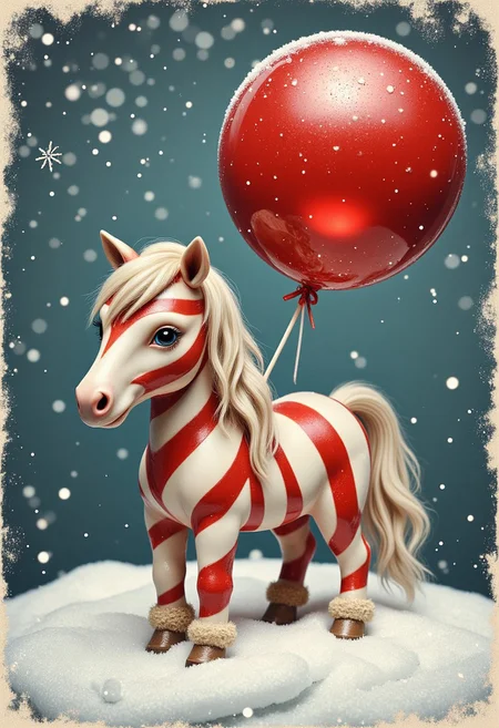 greeting card style captures redglitter Christmas essence, balloon, pony made out of candycane, whimsical, chibi, kawaii, pastel colors watercolor, in the style of Gorjuss, Joan Walsh Anglund, margaret keene, charlie bowater, soft-focus and diffused lighting akin to Paolo Roversi, imbued with Tim Burton's macabre touch, Kris Kuksi-like intricate background detail, digital painting, ultra-detailed, cinematic.