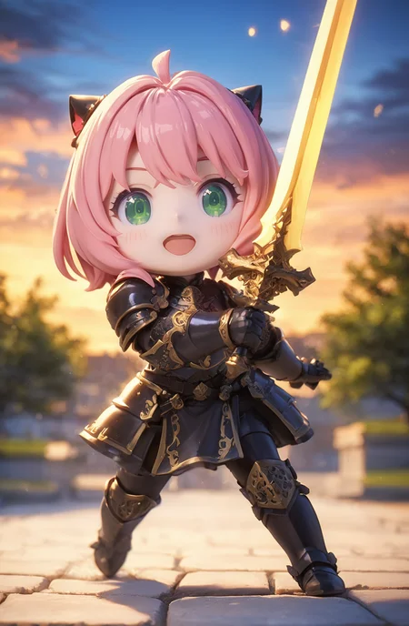 amazing quality, masterpiece, best quality, hyper detailed, ultra detailed, UHD, HDR, DOF, depth of field,
female knight, ornate (black hybrid gold) armor, holding sword, glowing sword, school, gorgeous sky, shiny dust,
<lora:XL_Chibi_Knights_-_by_HailoKnight:0.8>, Chibi Knight,
<lora:Anya_XL:0.8>, Anya,bangs, green eyes, pink hair, female child, anya (spy x family),hairpods, child,
<lora:d\EnvyActionShotXL01:0.8>, action shot,
<lora:add-detail-xl:0.85>,
<lora:EnvyBetterHiresFixXL01:1.0>,
<lora:extremely_detailed:1.95>, extremely detailed,