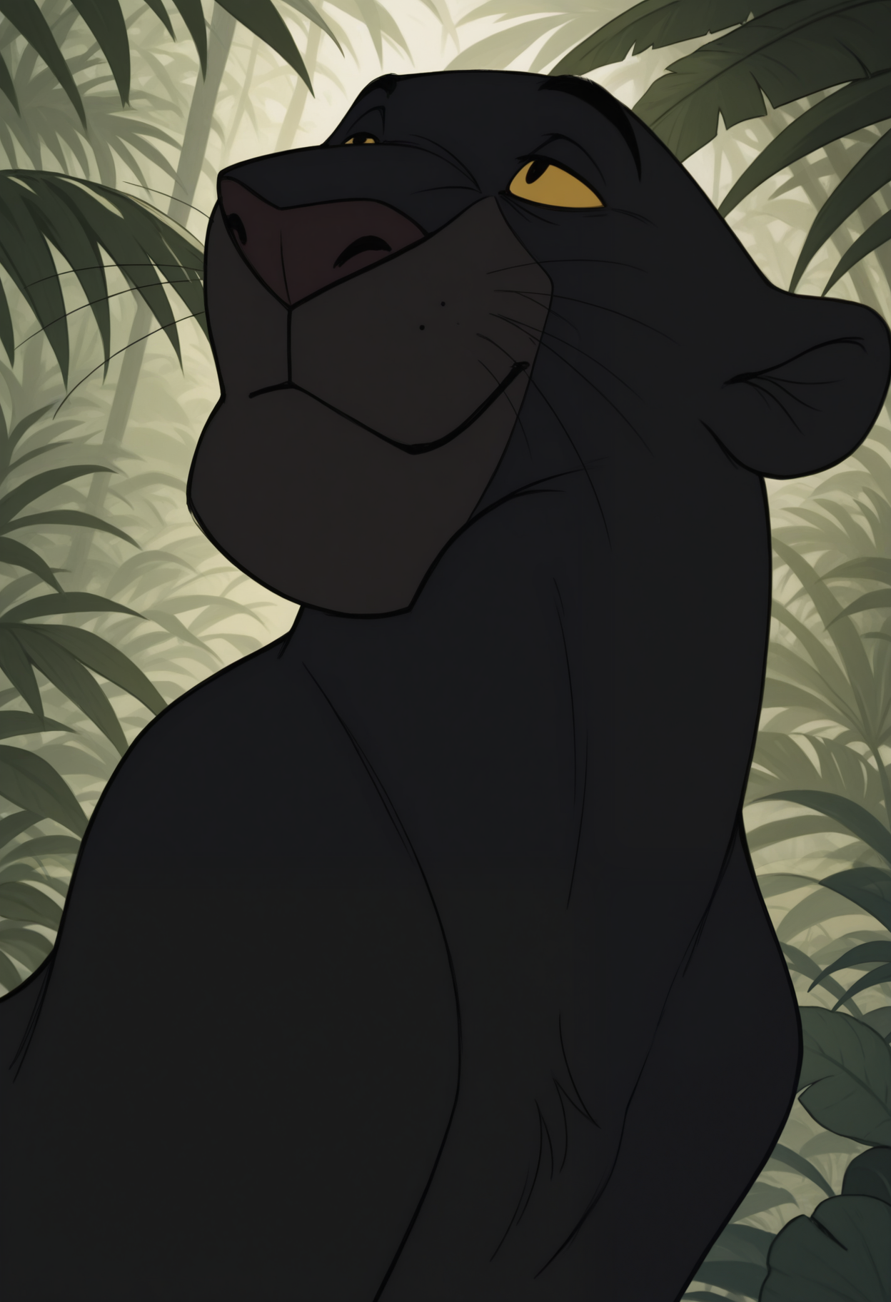 masterpiece,best quality,amazing quality, 1boy, solo, b4gh33r4, panther, colored sclera, black fur, close up, side angle, jungle, smile, 