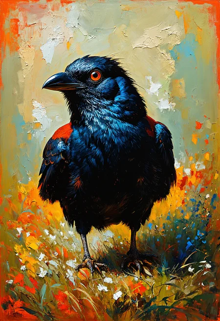(digital art in style of Odilon Redon :1.2), artstation, Crow,
multicultural and carcinogenic atmosphere with depth peeling,
unparalleled masterwork with proficient details,
(navy blue and salmon colors:0.1),  (center composition:0.1), (paint strokes:0.1)