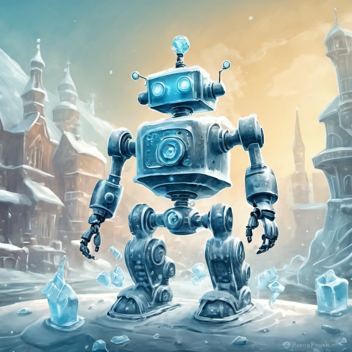 ice_art,ice,<lora:ice_art:1>, steampunk robot happy Funny cartoonish, by Gediminas Pranckevicius
