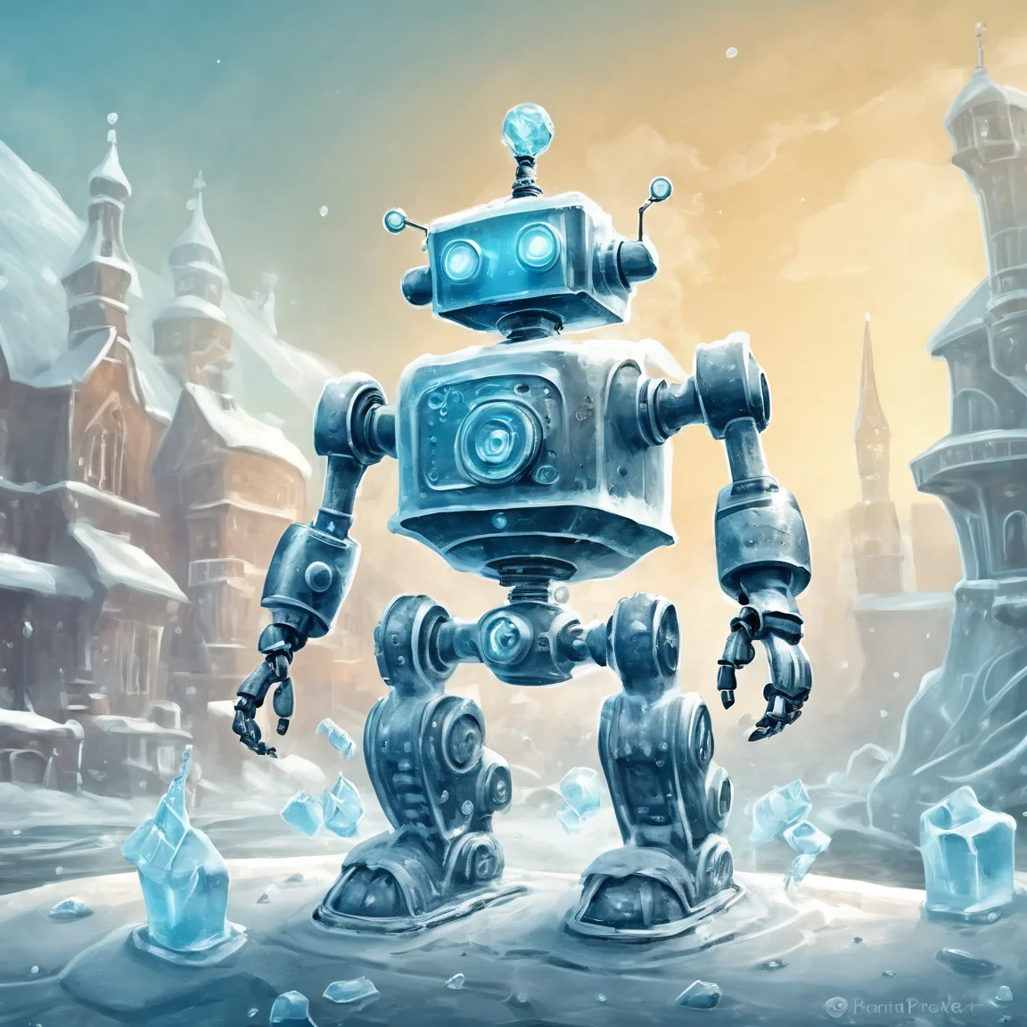 ice_art,ice,<lora:ice_art:1>, steampunk robot happy Funny cartoonish, by Gediminas Pranckevicius