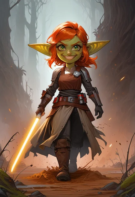 thick outlines, extremely detailed, sharp focus, HD, 1girl, solo, a Goblin woman, short stature, shortstack, pointed ears, big eyes, green skin, with short ginger hair and large swept bangs, wearing goggles with glowing green lenses, dark red mail, with green chain boots, silver rectangular shield, sword on her hip, confident smile, walking, eyes to the side. Setting forest, dirt path, dark grass, fog, low light. green eyes, blue lightsaber, laser sword, long sword,