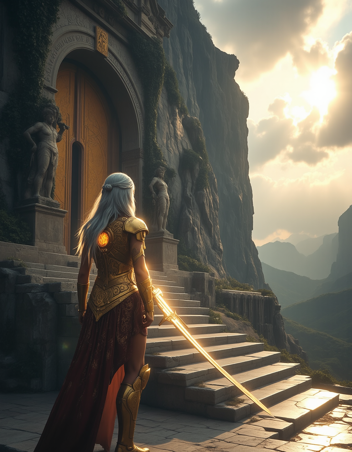 Imagine an image of an immortal guardian, clad in ancient golden armor, etched with swirling celestial patterns, standing at the entrance of an enormous temple built into the side of a colossal mountain. The temple’s gates are covered in thick ivy and overgrown moss, its once-glorious statues now partially crumbled and weathered by centuries of wind and rain. The guardian’s eyes glow with an ethereal white light, contrasting against his deeply tanned, time-worn skin, his long, silvered hair flowing in the wind like liquid metal. His massive two-handed sword, its blade shimmering with divine radiance, rests tip-down against the cracked marble beneath his feet. Beyond the temple entrance, an endless horizon of rolling green hills is partially obscured by low-hanging clouds, while rays of golden light break through the stormy sky, casting long shadows along the temple's grand staircase. The atmosphere is epic fantasy realism, with heavily textured stone surfaces and meticulously detailed reflections in the guardian’s armor.